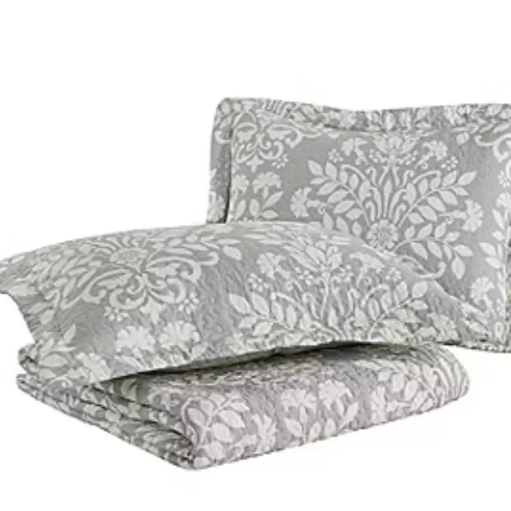 Laura Ashley Rowland Elegant Gray and White Full/Queen Quilt Set